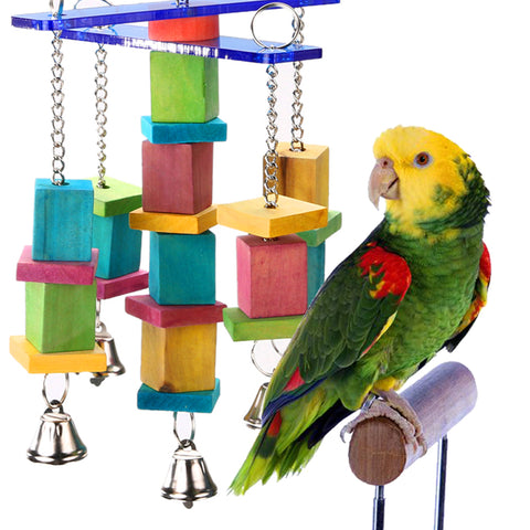Wood bird toys Handcraft Non-toxic eco-friendly moveable Parrot bird toys swing wood chew rope toys fun with bells