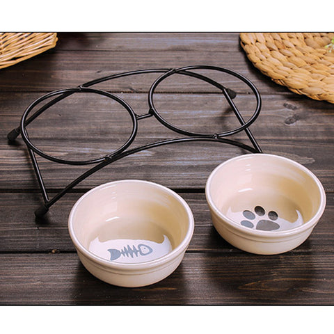 Double Ceramics Dog Cat Puppy Pet Bowl Print Fish and Paw Food Dish Non Slip Food Water Dual-use Feeding Dish Pet Supplies