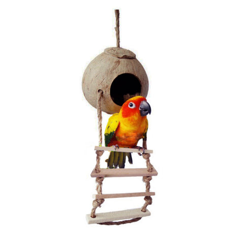 Natural Wooden Parrot Toys Coconut Shell Wood Handmade Parrot House Matching Ladder Bird Toys for Parrot Pet supplies
